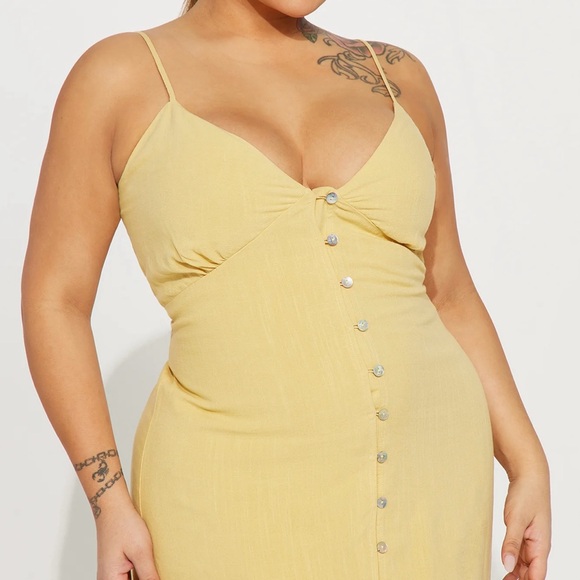 Yellow Linen Midi Strap Dress - Picture 2 of 3